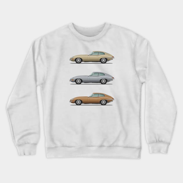 Jaguar E Type Fixed Head Coupe Gold Silver And Bronze Crewneck Sweatshirt by SteveHClark